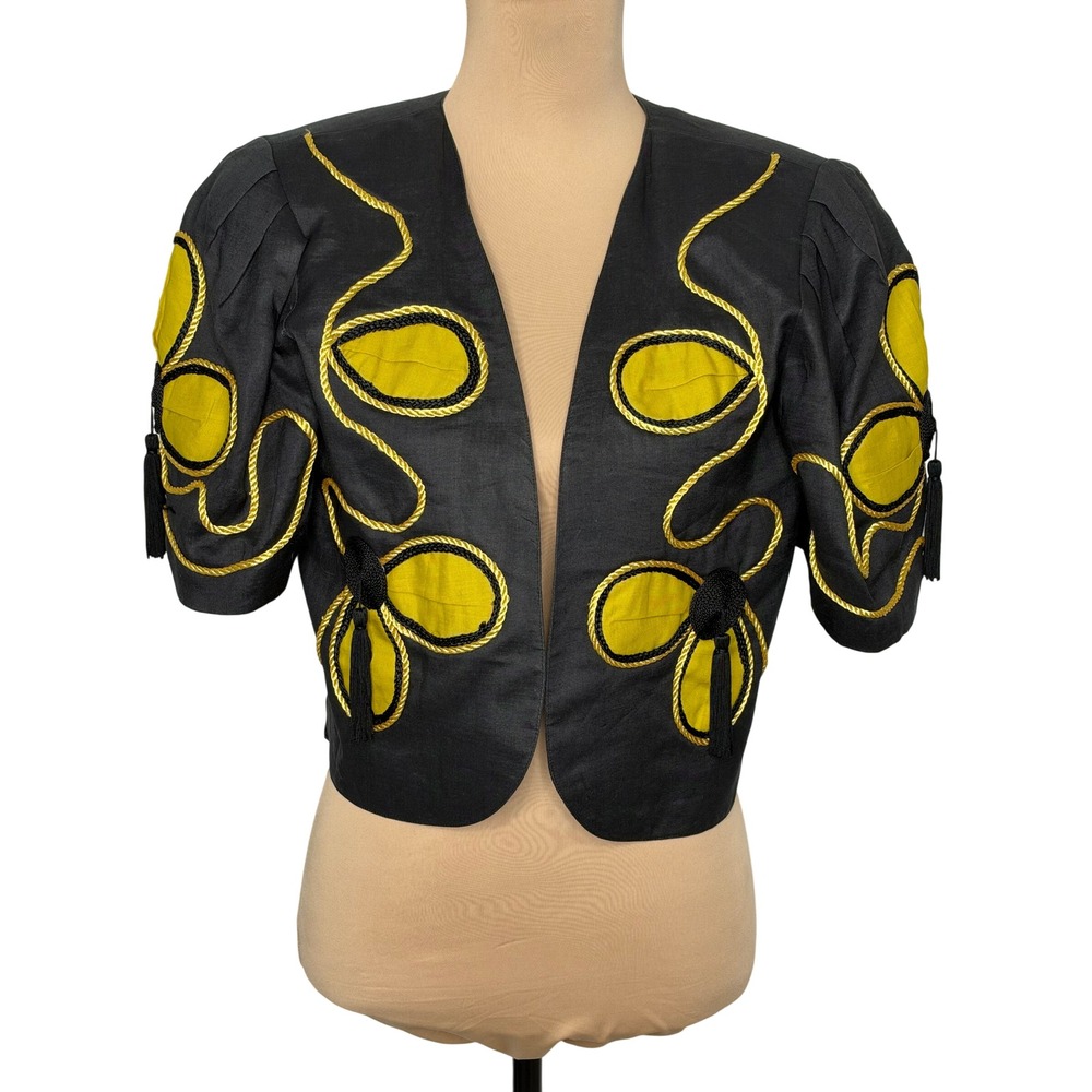 Chancelle Bolero Jacket 12 Black Yellow Gold Rope Trim Tassel Floral Cropped Vtg